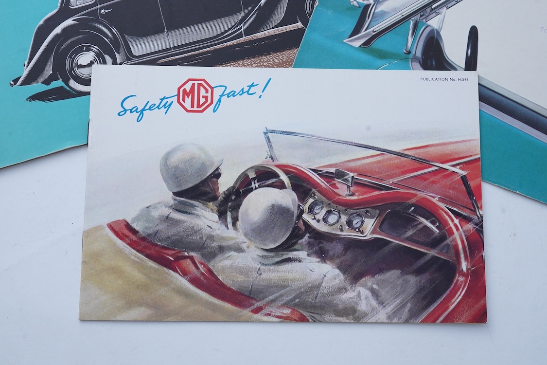 Three 1940s and 1950s MG motor car manufacturer’s brochures; the MG Series T.F. Midget (produced 1953-55), the MGA (produced 1955-62), and the MG Y 1.25lt saloon (produced 1947-53), including the additional leaflet conta